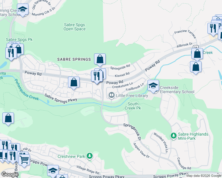 map of restaurants, bars, coffee shops, grocery stores, and more near 11434 Southbrook Court in San Diego