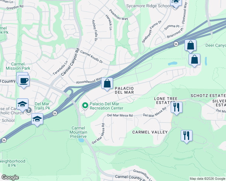 map of restaurants, bars, coffee shops, grocery stores, and more near 5120 Caminito Exquisito in San Diego