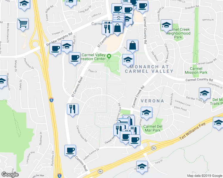 map of restaurants, bars, coffee shops, grocery stores, and more near 4075 Carmel View Road in San Diego