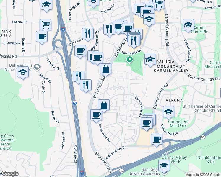 map of restaurants, bars, coffee shops, grocery stores, and more near 3545 Caminito El Rincon in San Diego