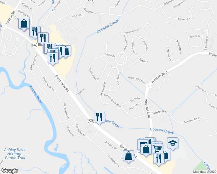 map of restaurants, bars, coffee shops, grocery stores, and more near 5212 Lenora Drive in Summerville