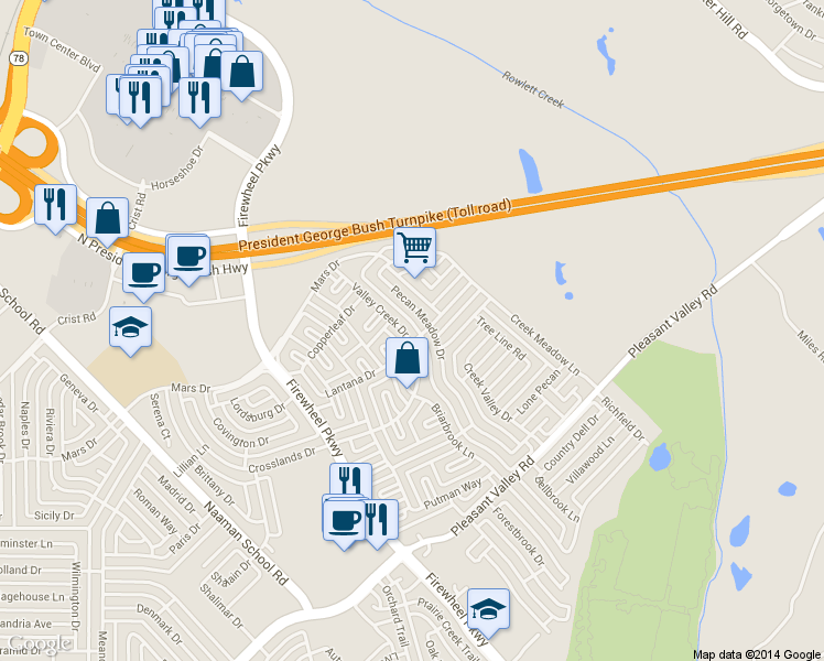 map of restaurants, bars, coffee shops, grocery stores, and more near 2301 Valley Creek Drive in Garland