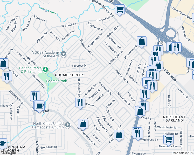 map of restaurants, bars, coffee shops, grocery stores, and more near 150 Ridgegate Drive in Garland