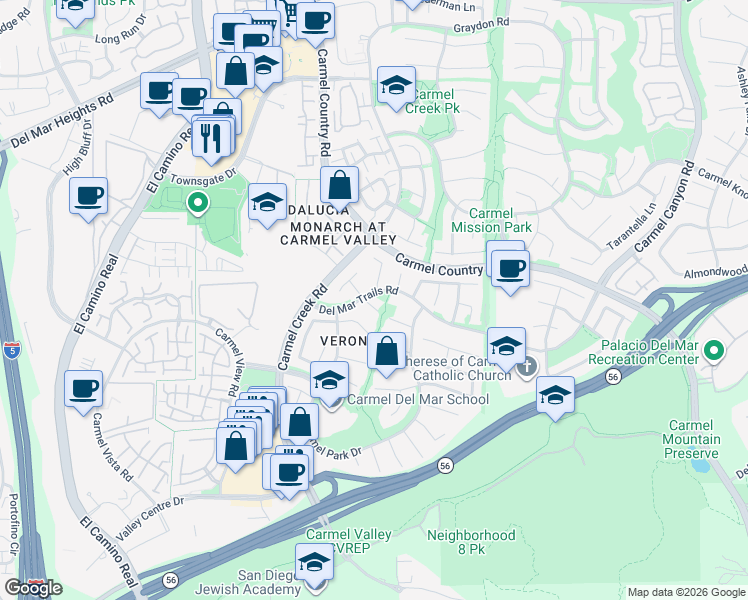 map of restaurants, bars, coffee shops, grocery stores, and more near 12485 San Bruno Cove in San Diego