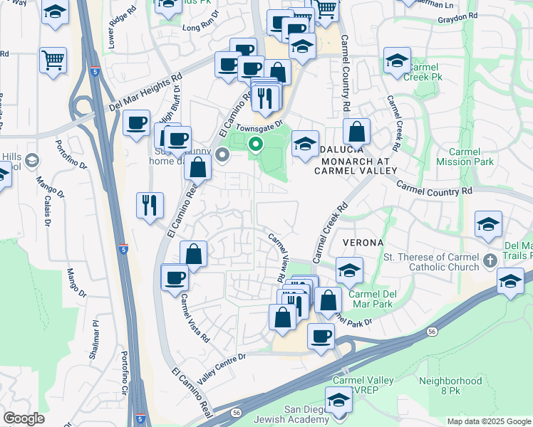 map of restaurants, bars, coffee shops, grocery stores, and more near 4065 Carmel View Road in San Diego
