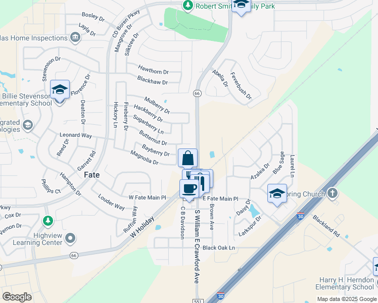 map of restaurants, bars, coffee shops, grocery stores, and more near 409 Highway 66 in Rockwall