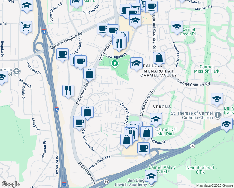 map of restaurants, bars, coffee shops, grocery stores, and more near 4065 Carmel View Road in San Diego
