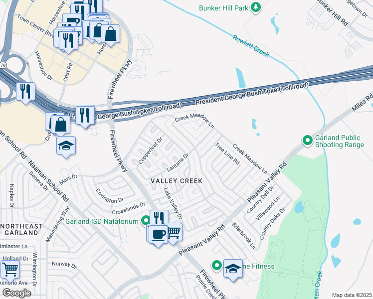 map of restaurants, bars, coffee shops, grocery stores, and more near 2306 Valley Creek Drive in Garland