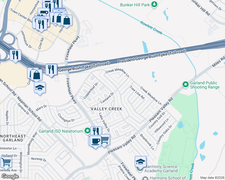 map of restaurants, bars, coffee shops, grocery stores, and more near 2301 Valley Creek Drive in Garland