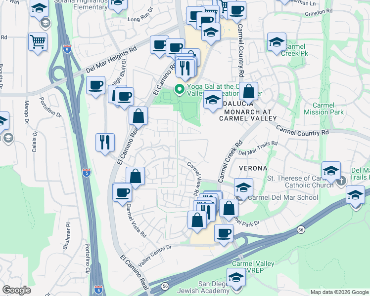 map of restaurants, bars, coffee shops, grocery stores, and more near 4075 Carmel View Road in San Diego