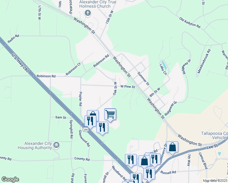 map of restaurants, bars, coffee shops, grocery stores, and more near 296 Oak Street West in Alexander City