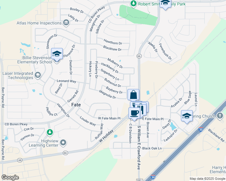 map of restaurants, bars, coffee shops, grocery stores, and more near 345 Bayberry Drive in Rockwall