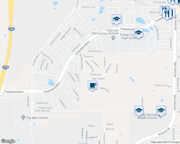 map of restaurants, bars, coffee shops, grocery stores, and more near 11708 Penny Royal Street in Keller