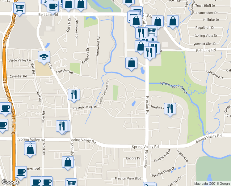 map of restaurants, bars, coffee shops, grocery stores, and more near 5700 Celestial Road in Dallas