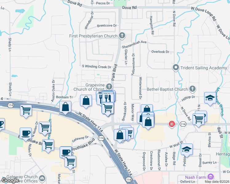 map of restaurants, bars, coffee shops, grocery stores, and more near 2028 Heather Brook Drive in Grapevine