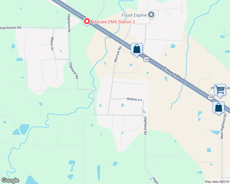 map of restaurants, bars, coffee shops, grocery stores, and more near 105 Walton Lane in Springtown