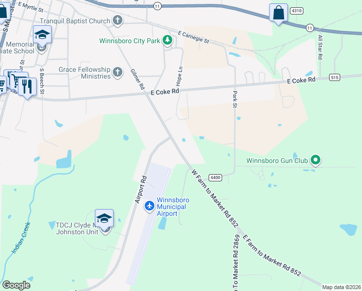 map of restaurants, bars, coffee shops, grocery stores, and more near 1111 Gilmer Road in Winnsboro