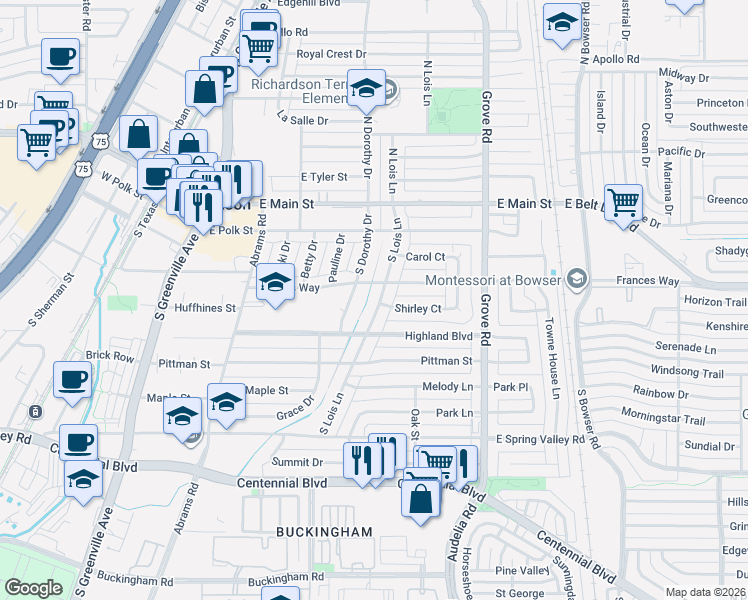 map of restaurants, bars, coffee shops, grocery stores, and more near 310 South Lois Lane in Richardson