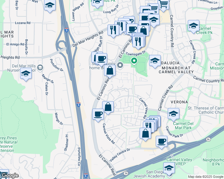 map of restaurants, bars, coffee shops, grocery stores, and more near 3550 Caminito El Rincon in San Diego