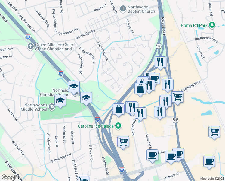 map of restaurants, bars, coffee shops, grocery stores, and more near 7909 Shadow Oak Drive in North Charleston