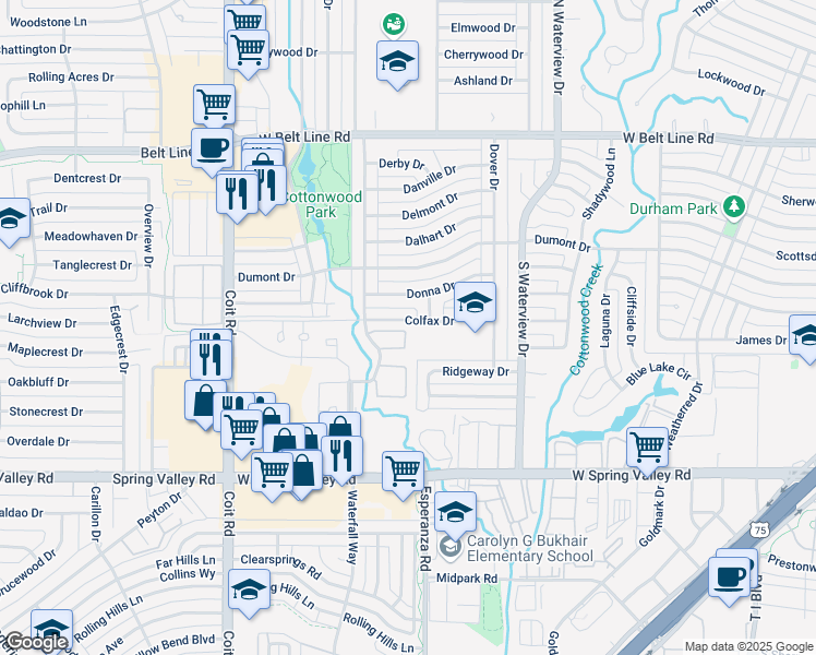 map of restaurants, bars, coffee shops, grocery stores, and more near 127 Colfax Drive in Richardson