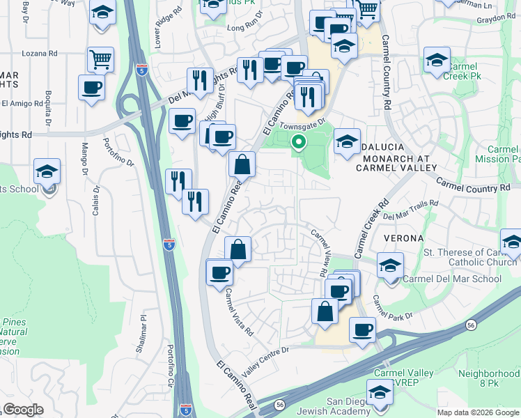 map of restaurants, bars, coffee shops, grocery stores, and more near Caminito El Rincon in San Diego
