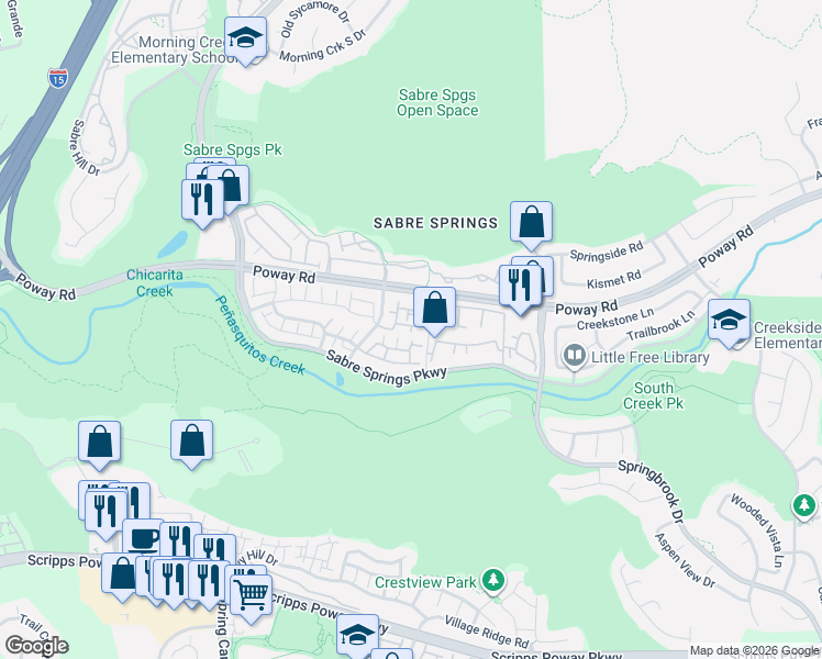 map of restaurants, bars, coffee shops, grocery stores, and more near 12435 Heatherton Court in San Diego