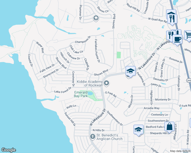 map of restaurants, bars, coffee shops, grocery stores, and more near 1105 Shores Boulevard in Rockwall