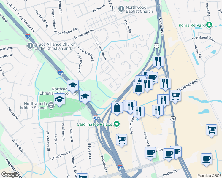 map of restaurants, bars, coffee shops, grocery stores, and more near 7909 Shadow Oak Drive in North Charleston