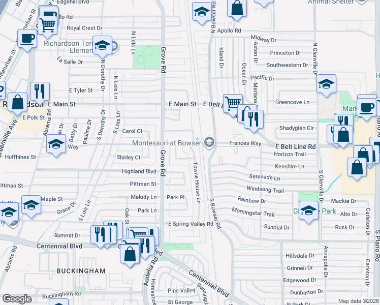 map of restaurants, bars, coffee shops, grocery stores, and more near 316 Towne House Lane in Richardson