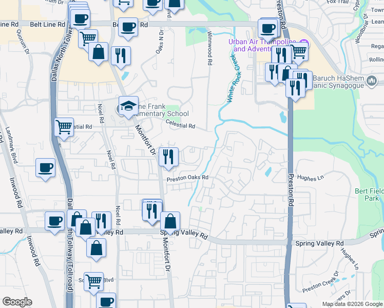 map of restaurants, bars, coffee shops, grocery stores, and more near 14339 Hidden Springs Court in Dallas
