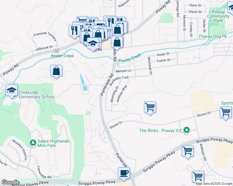 map of restaurants, bars, coffee shops, grocery stores, and more near 12534 Mustang Drive in Poway
