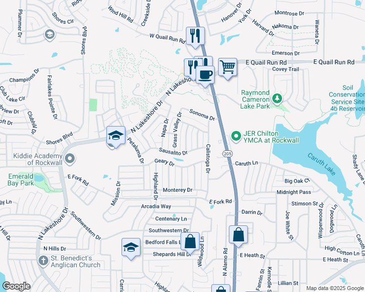map of restaurants, bars, coffee shops, grocery stores, and more near 1335 San Rafael Drive in Rockwall