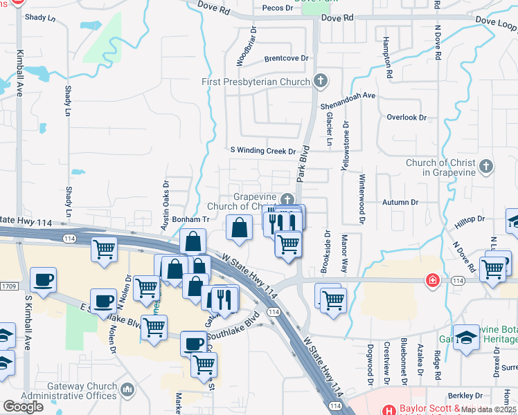 map of restaurants, bars, coffee shops, grocery stores, and more near 2204 Churchill Loop in Grapevine