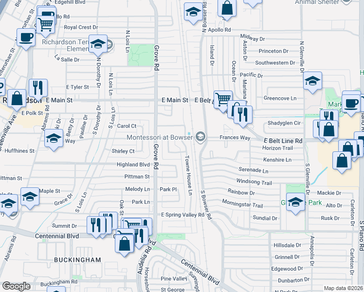 map of restaurants, bars, coffee shops, grocery stores, and more near 316 Towne House Lane in Richardson