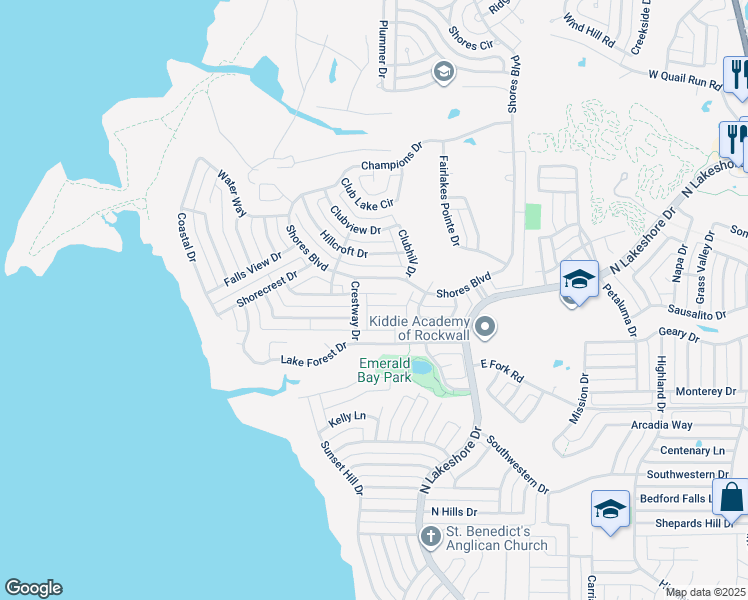 map of restaurants, bars, coffee shops, grocery stores, and more near 1275 Crestway Drive in Rockwall