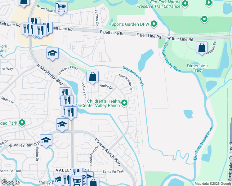 map of restaurants, bars, coffee shops, grocery stores, and more near 10112 Staubach Drive in Irving