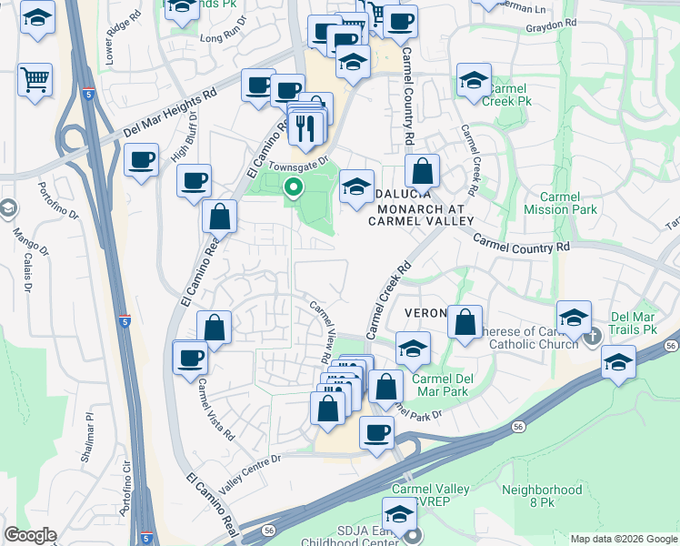 map of restaurants, bars, coffee shops, grocery stores, and more near 4035 Carmel View Road in San Diego