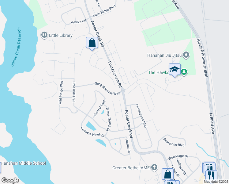 map of restaurants, bars, coffee shops, grocery stores, and more near 1303 Song Sparrow Way in Hanahan