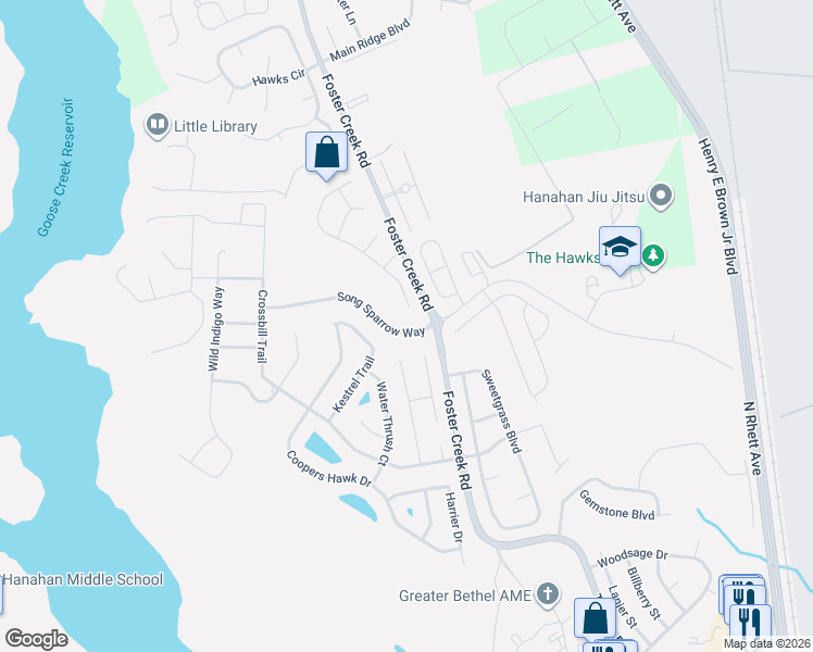 map of restaurants, bars, coffee shops, grocery stores, and more near 1303 Song Sparrow Way in Hanahan