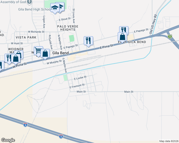 map of restaurants, bars, coffee shops, grocery stores, and more near 408 East Locke Street in Gila Bend