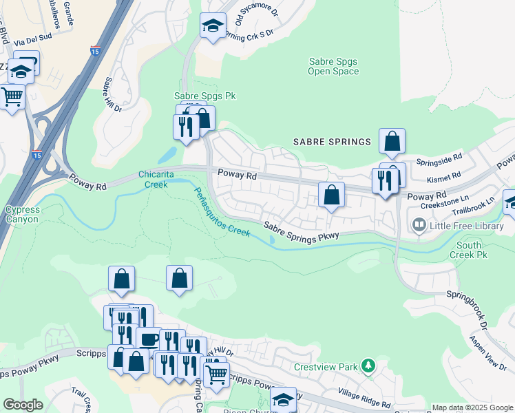 map of restaurants, bars, coffee shops, grocery stores, and more near 12348 Springwater Point in San Diego