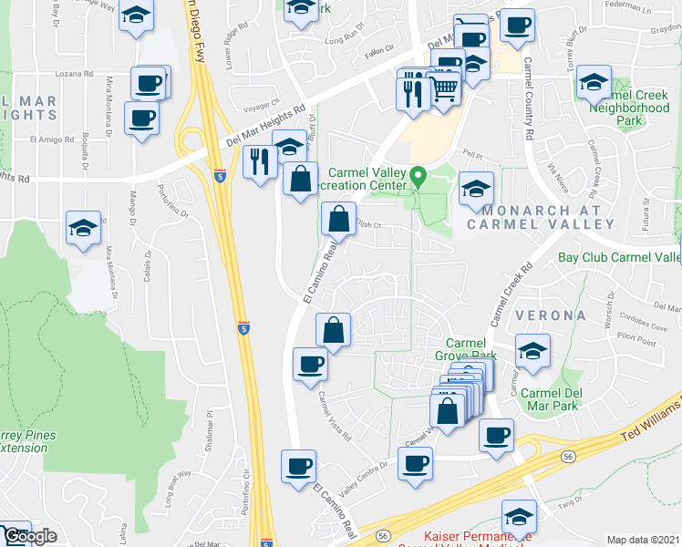 map of restaurants, bars, coffee shops, grocery stores, and more near 3545 Caminito El Rincon in San Diego