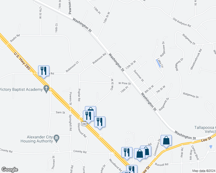 map of restaurants, bars, coffee shops, grocery stores, and more near 296 Oak Street West in Alexander City
