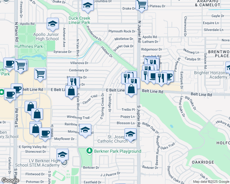 map of restaurants, bars, coffee shops, grocery stores, and more near 129-139 Trellis Place in Richardson