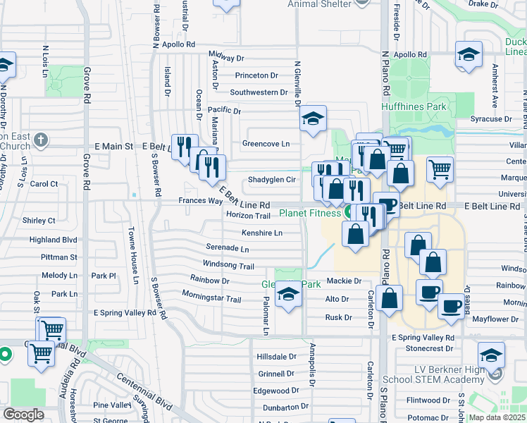 map of restaurants, bars, coffee shops, grocery stores, and more near 1112 Horizon Trail in Richardson