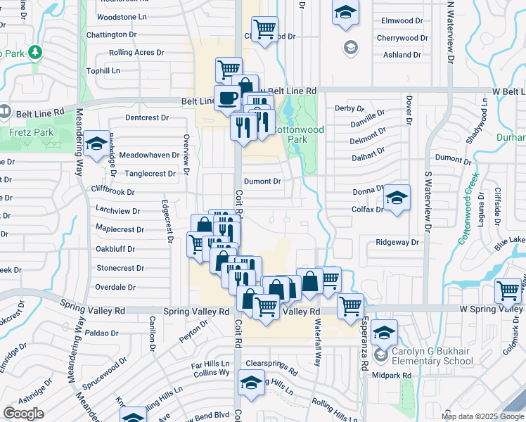 map of restaurants, bars, coffee shops, grocery stores, and more near 1419-1483 Cavalier Drive in Richardson