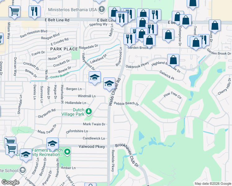 map of restaurants, bars, coffee shops, grocery stores, and more near 14415 Southern Pines Court in Farmers Branch