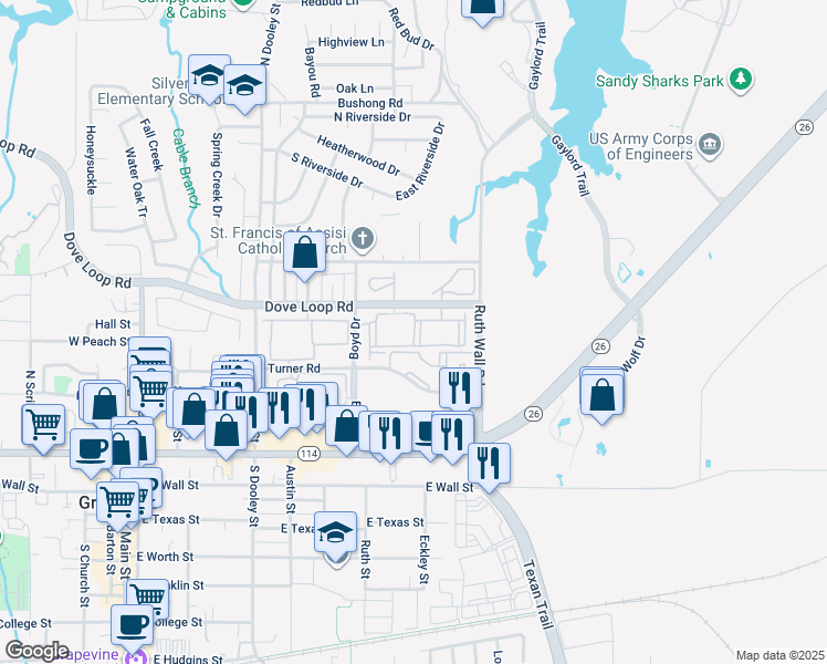 map of restaurants, bars, coffee shops, grocery stores, and more near 2920 Mustang Drive in Grapevine