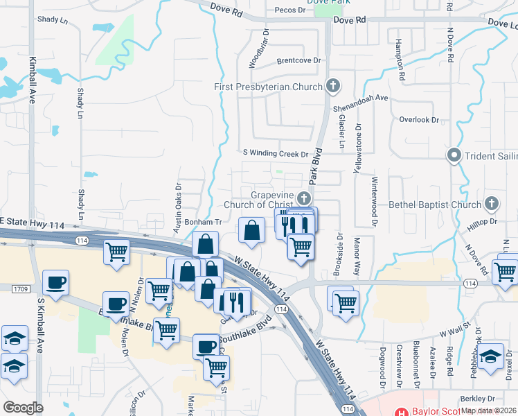map of restaurants, bars, coffee shops, grocery stores, and more near 601 Park Boulevard in Grapevine
